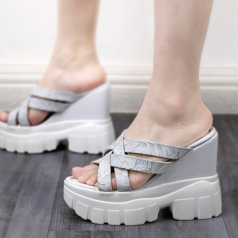 超高跟厚底纯色增高凉鞋女韩版蕾丝网纱防水台坡跟日常一字凉拖鞋,女鞋,一字拖,淘宝优惠券,粉丝福利购,淘宝优惠卷