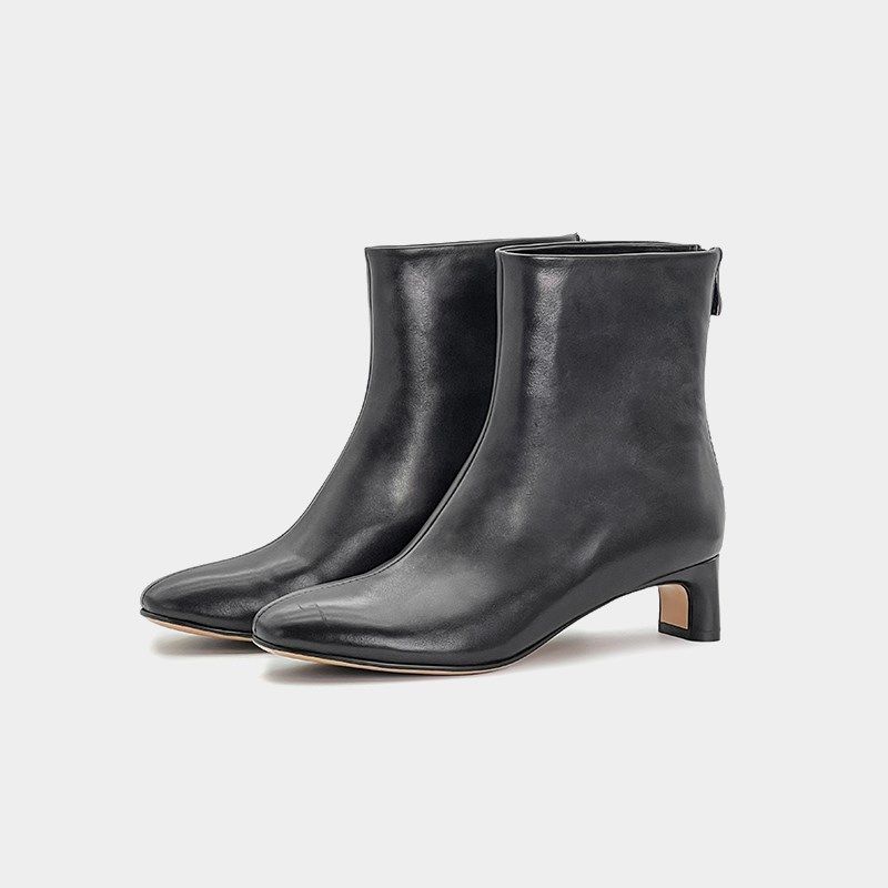 简约风真皮牛皮后拉链中跟短靴女士扁跟尖头瘦瘦靴时装靴女靴女鞋,女鞋,烟筒靴,淘宝优惠券,粉丝福利购,淘宝优惠卷