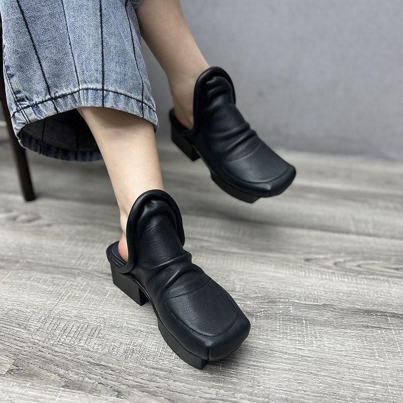 艺鞜2025年春夏新款真皮包头粗跟民族风凉拖复古个性半拖鞋女,女鞋,包头拖,淘宝优惠券,粉丝福利购,淘宝优惠卷