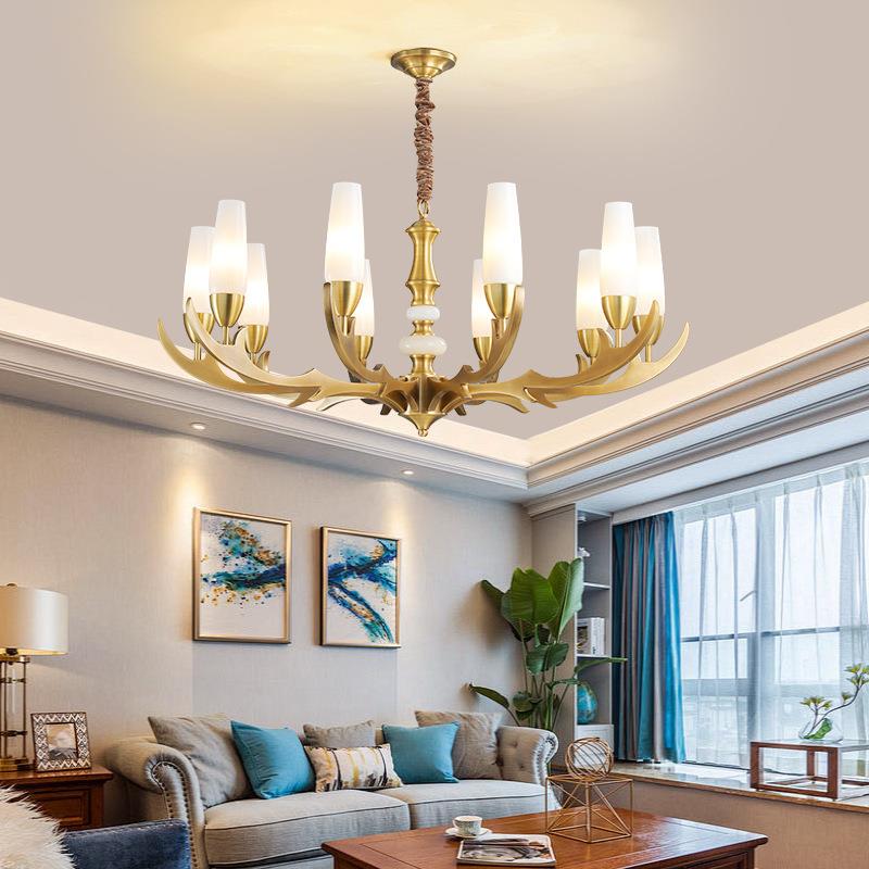美式灯吊全铜轻约奢客厅灯现代简大黄气欧式铜灯铜515鹿角餐厅吊