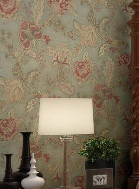 墙布美式村大花无缝斑驳乡厅客厅红室色定餐制壁布EUT轻奢卧房间