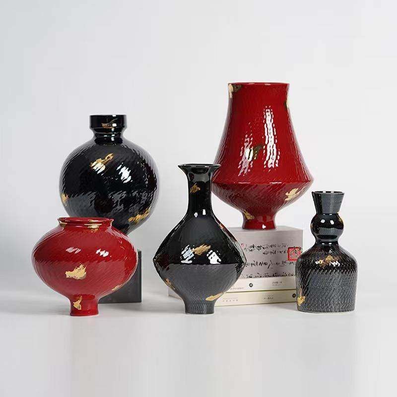 手工花跳刀纹金箔描店金红色陶瓷酒花瓶摆LLO件民宿客厅婚庆餐桌,橡塑材料及制品,工业陶瓷,淘宝优惠券,粉丝福利购,淘宝优惠卷