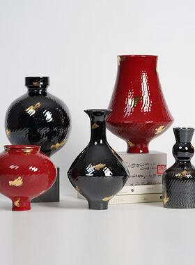 手工花跳刀纹金箔描店金红色陶瓷酒花瓶摆LLO件民宿客厅婚庆餐桌