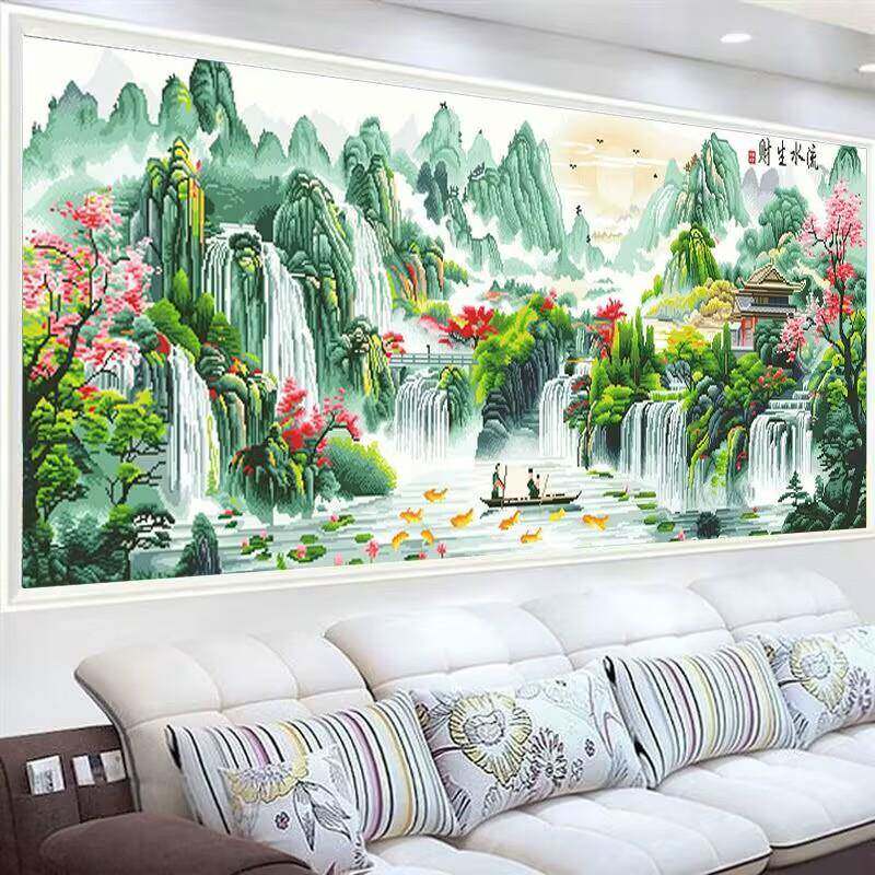 流水生财九聚鱼财十字绣新款客VMQ厅房线景绣自书己绣满绣风十字