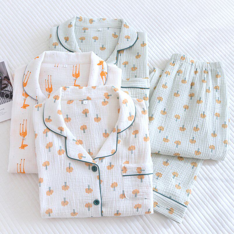 春秋纯棉纱布睡衣女夏季薄款长袖长裤全棉开衫宽松家居服两件套装