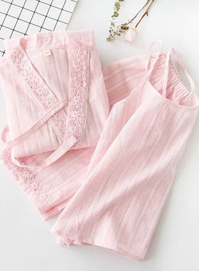 和服睡衣三件套装女纯棉夏秋薄款棉布日式家居服春秋长袖蕾丝吊带