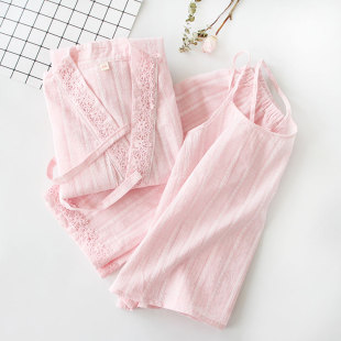 和服睡衣三件套装女纯棉夏秋薄款棉布日式家居服春秋长袖蕾丝吊带