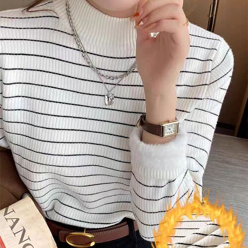 一体绒毛衣半高领女秋冬内搭加绒打底衫长袖加厚针织修身条纹上衣