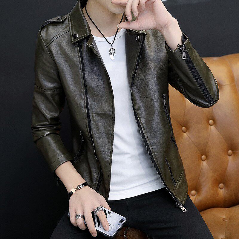 2021春秋季新款休闲加绒皮衣pu外套男韩版修身潮流帅气青年皮夹克