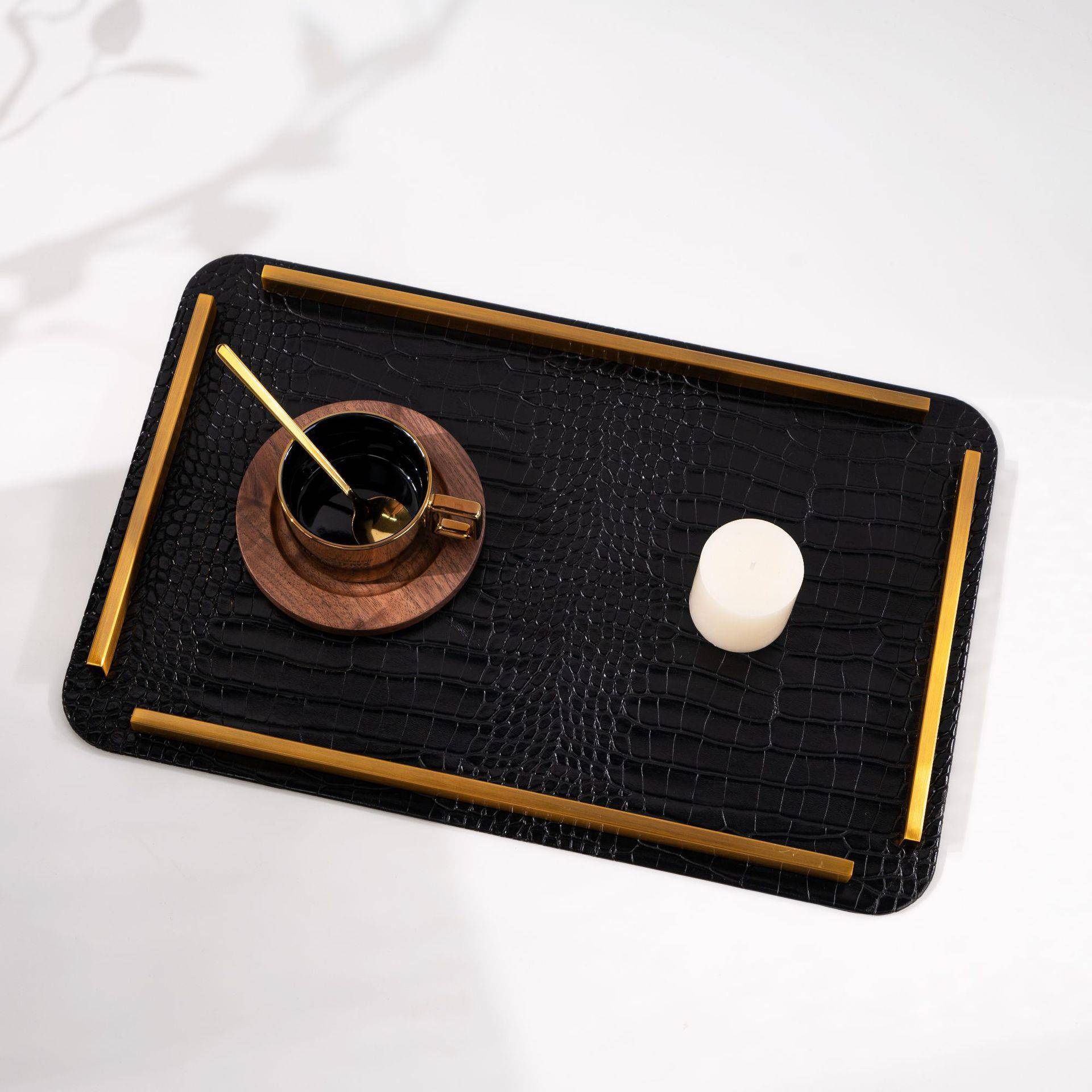 欧式简约房金属皮革收托纳盘软装DNQ饰品样板卧客厅书房办公室室