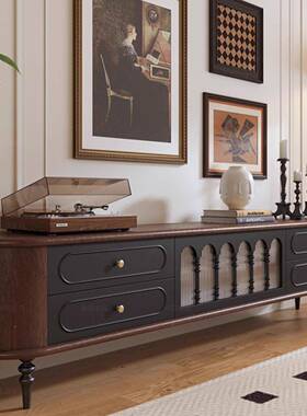 法式复PZX古实木电柜胡桃加视黑色美几式客厅茶电柜组合视落地储