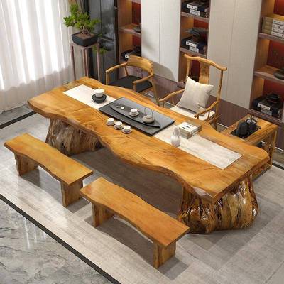 新中式实木茶桌禅意客大板茶MWS台会办厅公室客不规则泡茶桌椅组