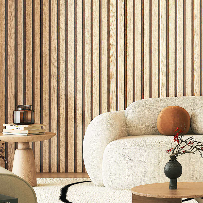 仿木纹格栅墙纸新背景原木色纸客厅墙壁木板头茶室主卧床中式电视