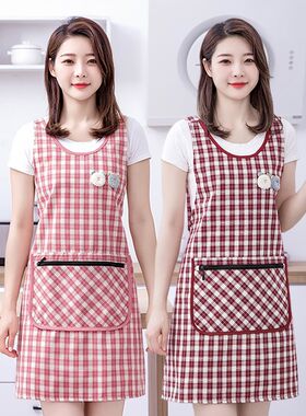 棉布围裙厨房做饭家用时尚围腰双层背心马甲女士上班用工作服罩衣