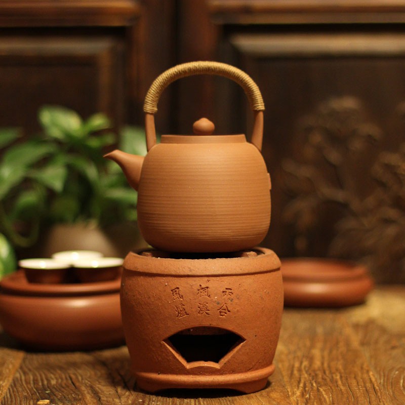 侧把家用纯手拉煮茶提梁烧水壶户外养生泡茶红朱泥小火炭炉陶壶