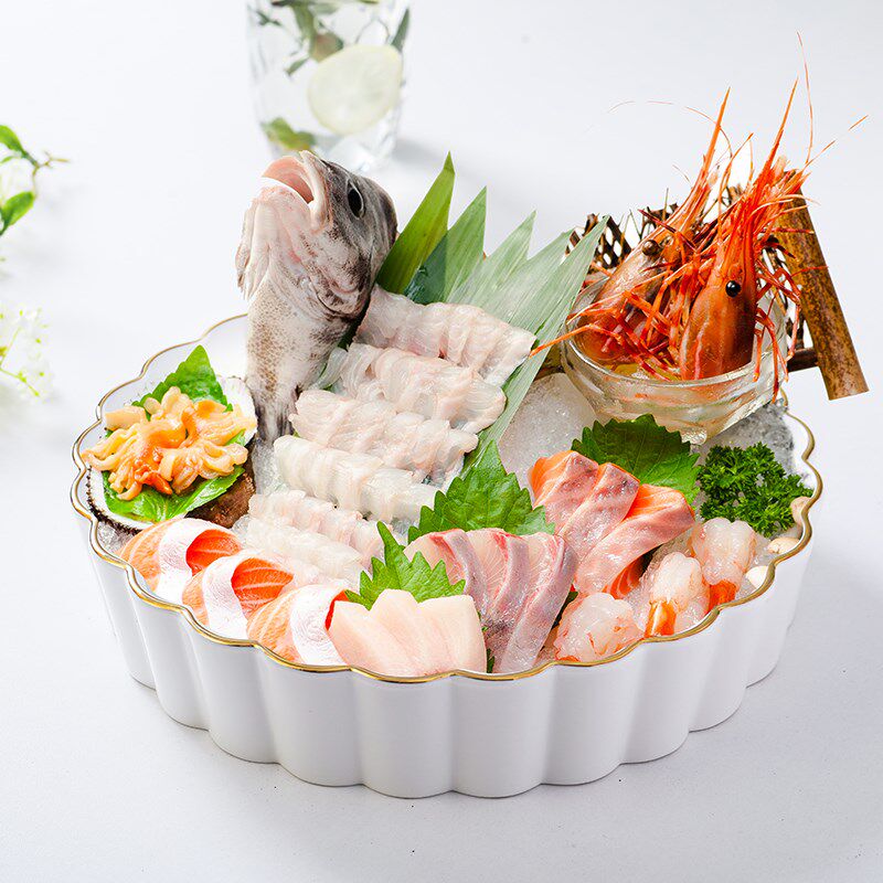 陶瓷圆形刺身盘高档海鲜拼盘三文鱼冰盘日式料理餐具创意造型大碗