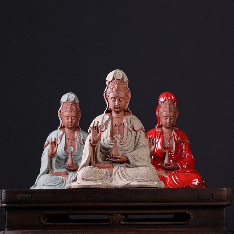 中式禅意灯圈净瓶观世音菩萨摆件陶瓷工艺品家居饰品客厅桌面观音