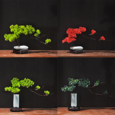 仿真迎客松盆景摆件罗汉松假树绿植崖柏树小盆栽中式酒店桌面造景