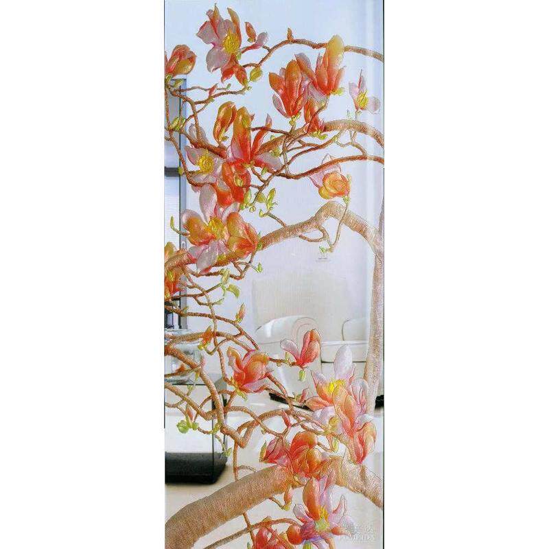钢化艺术玻璃透明底玄关芯屏风隔断手工门雕花雕刻来开了春玉兰花
