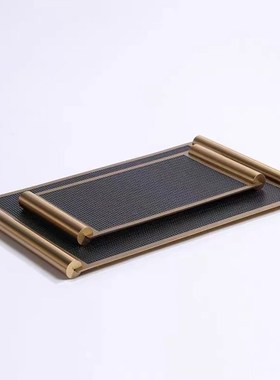 现代简约棕色灰色金属皮质方形托盘样板间售楼处客厅餐厅收纳摆件