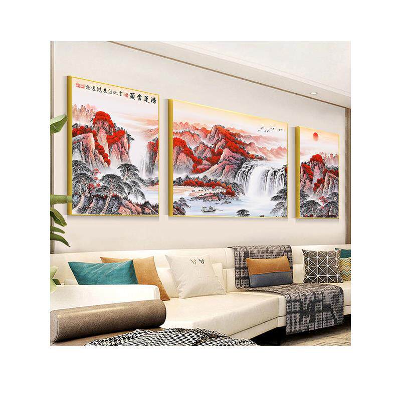 中式鸿运当头国画山水画客厅装饰画沙发背景墙招财挂画三联晶瓷画