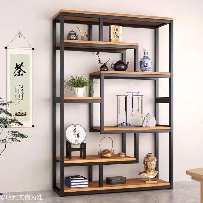 新中式博古架展示柜客厅双面玄关茶架简约现代隔断办公室书架铁艺