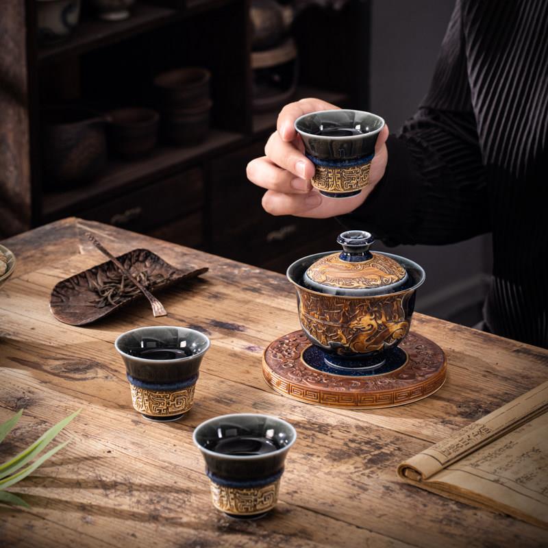 窑变陶瓷旅行套装浮雕功夫茶具便携礼品复古盖碗三杯车载随身茶具