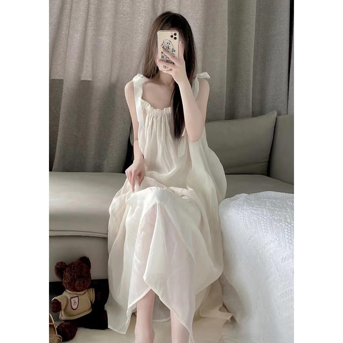 纯欲风吊带睡裙女夏天中长版吊带洋装睡衣女式夏季可外穿家居服