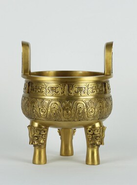 纯黄铜克鼎摆件仿古青铜器办公室家居桌面装饰工艺品三足鼎铜摆件