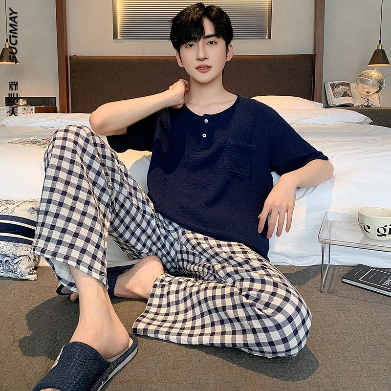 2024新款双层皱布肌理布男士睡衣夏季梭织纯棉纱布全棉家居服长袖,女士内衣/男士内衣/家居服,睡衣/家居服套装,淘宝优惠券,粉丝福利购,淘宝优惠卷