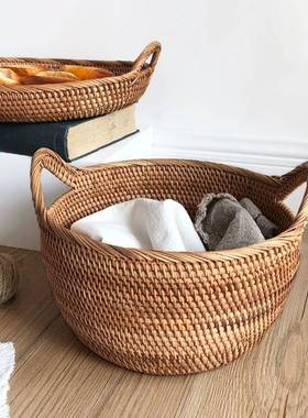 家用简约水果盘篮纳筐客厅JSU圆形水果朵置物收篮猫耳零食收纳筐