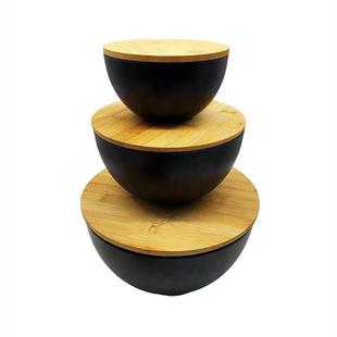 圆形可竹纤维沙拉碗带竹盖菜板两环EW S4003用3件套密胺碗餐具保