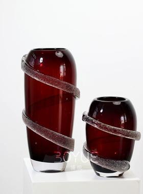 现代简约红色碎BY5354冰缠丝设计琉璃花瓶家居样客桌棕厅面插装板