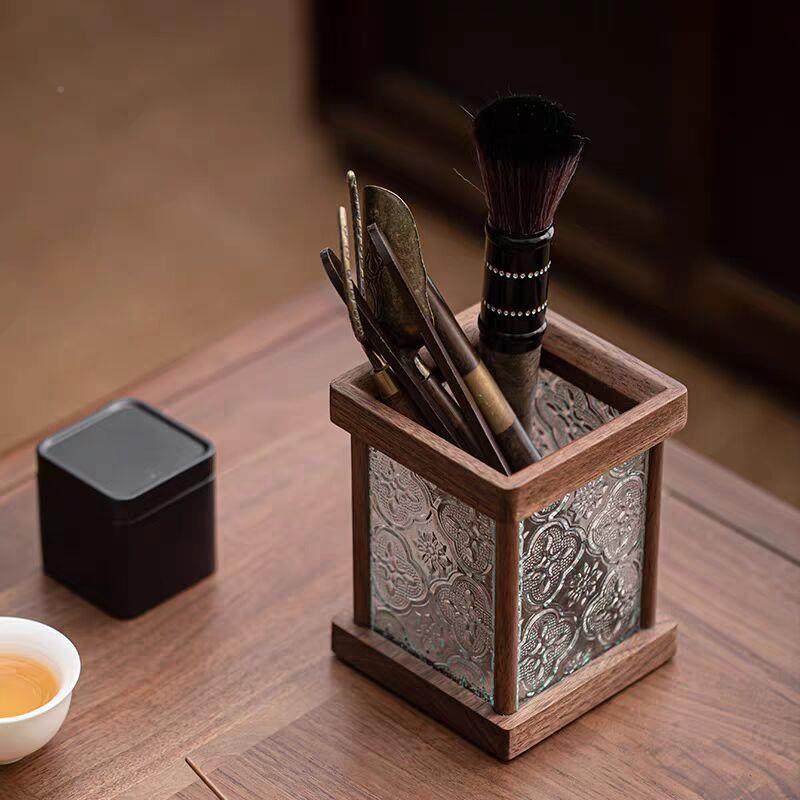 桃木茶六君子套装高档胡LQL实木创意玻璃面笔道筒茶配件具收纳工