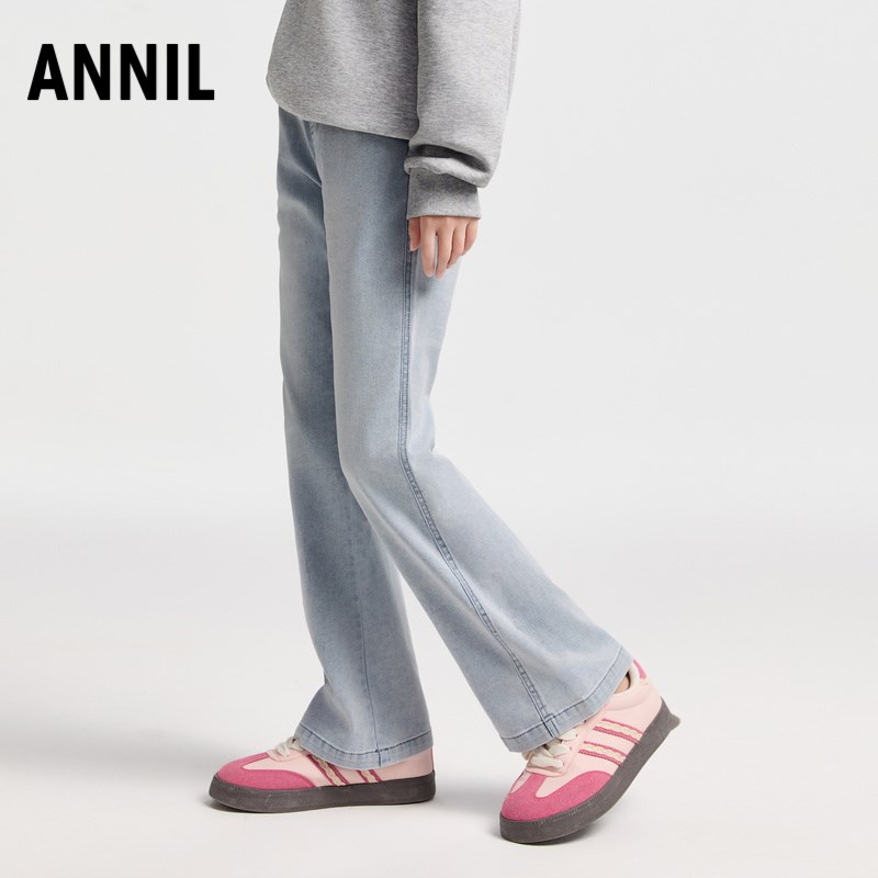 安奈儿童装女童牛仔裤2025春新款时尚微喇透气弹力浅蓝色长裤#