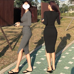 秋装 女性感包臀紧身连衣裙牛油果绿褶皱开叉过膝长裙春 2020年新款