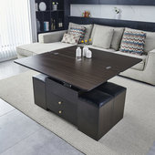 加高款 实木升降茶几小户型专用岩板火烧石钢化茶几餐桌两用带凳子