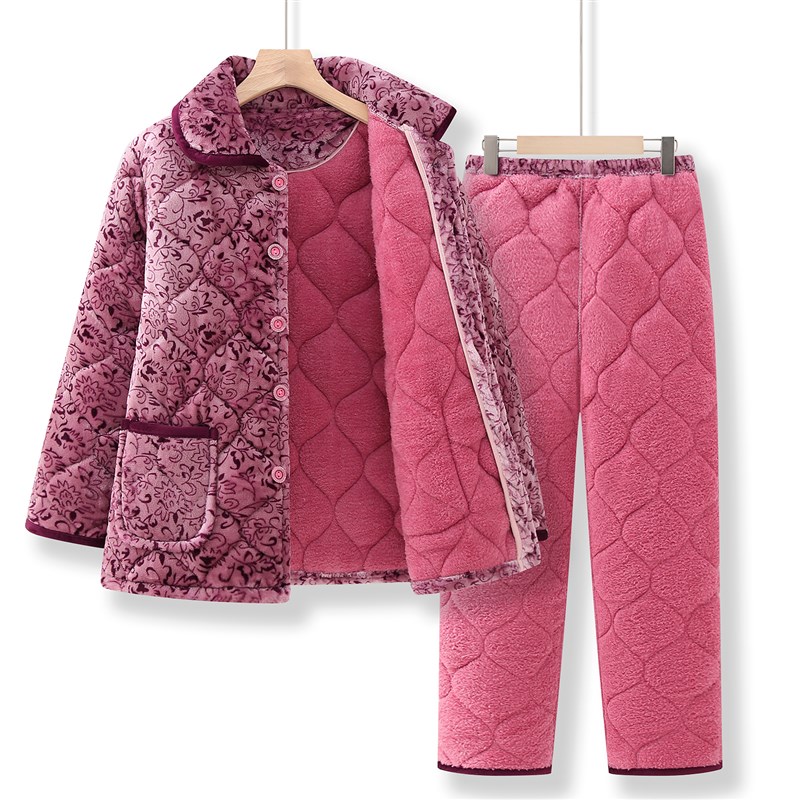 老年人冬装女妈妈棉衣棉裤两件套加厚奶奶家居服睡衣套装珊瑚绒女
