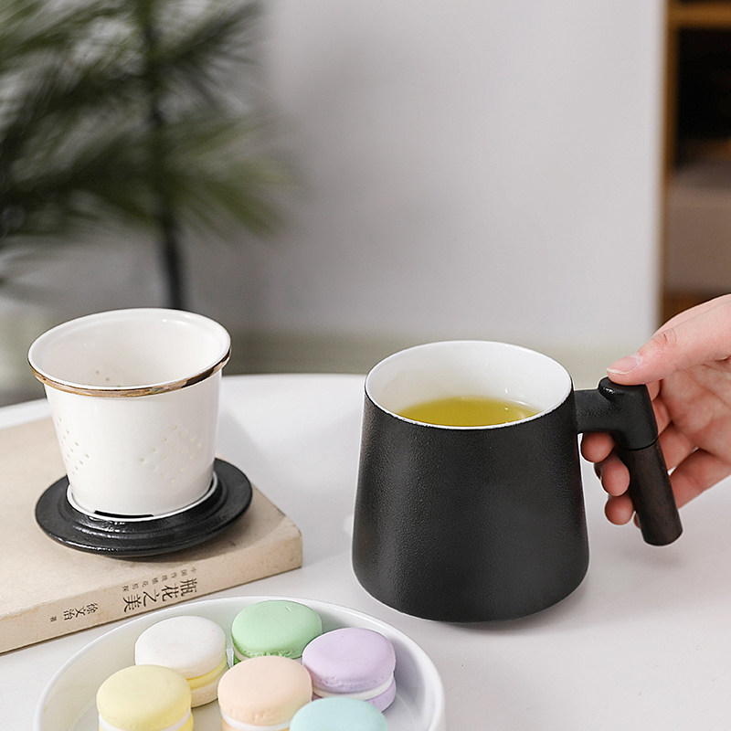 陶瓷茶水分离泡茶杯带盖过滤水杯创意木柄杯子办公杯礼品logo定制