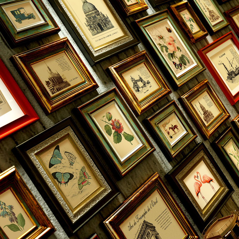 美式照片墙奢华复古实木相框客厅相片挂墙做旧欧式超大组合装饰画