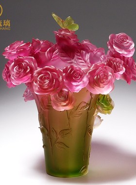 琉璃艺术品蝴蝶玫瑰花瓶客厅餐桌插花装饰品摆件轻奢高级乔迁礼物