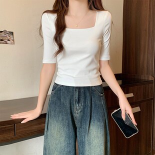 白色纯棉方领中袖打底衫女t恤2024新款春秋内搭修身五七分袖上衣