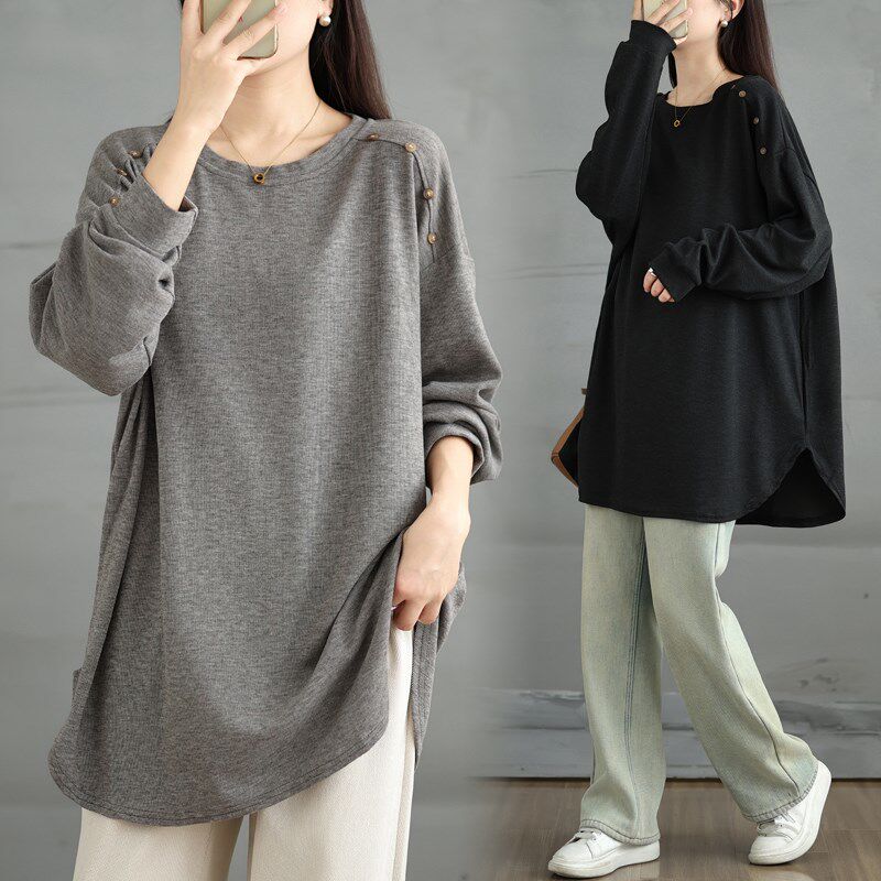 大码胖妹妹宽松t恤女秋冬中长款休闲圆领遮屁股上衣长袖打底衫潮