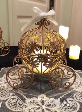 欧美式金色铁艺镂空南瓜车收纳摆件家居客厅小饰烛台灯创意装饰品