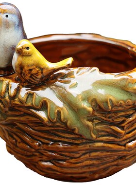 田园陶瓷家居饰品绿叶小鸟釉面装饰盘花园水培花盆桌面笔筒收纳盆
