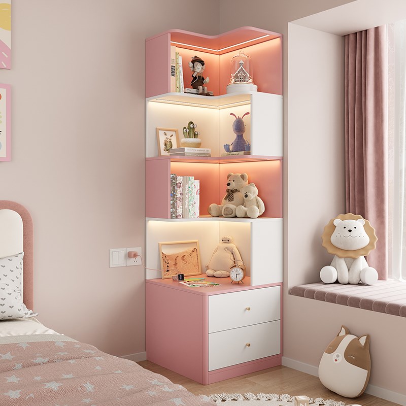 儿童房卧室床头柜书柜一体转角卡通书架女孩床边收纳储物柜小户型