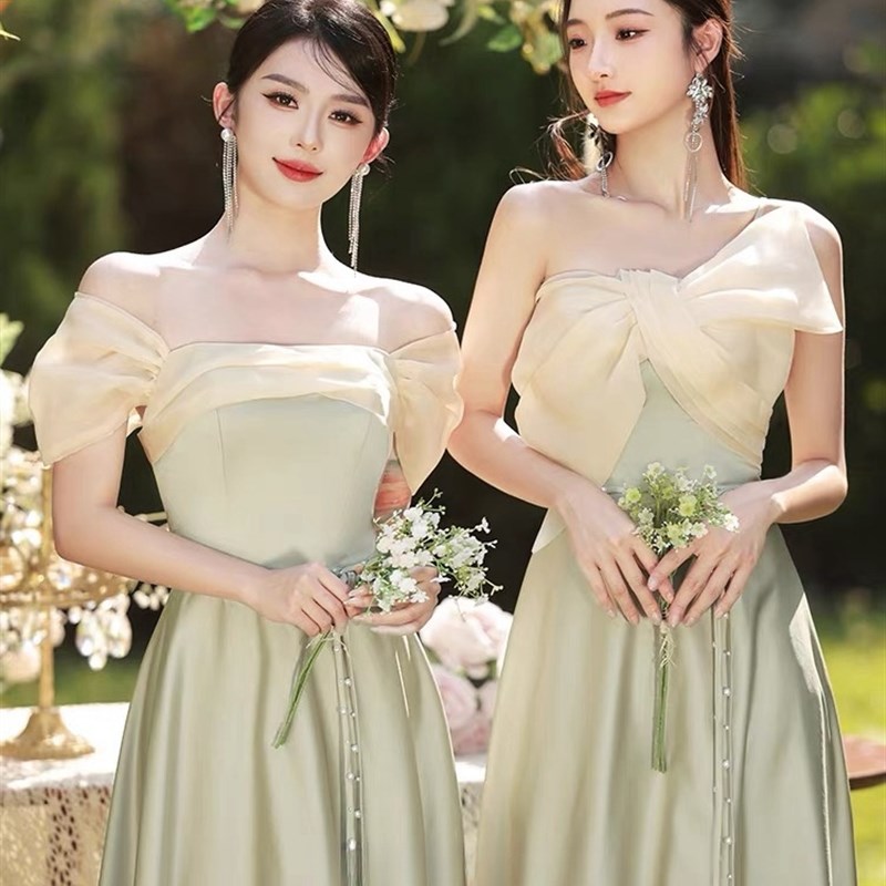 伴娘服2024新款夏季小众高级感绿色姐妹团缎面演出礼服平时可穿