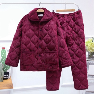 冬季睡衣女珊瑚绒夹棉保暖三层加厚婆婆中老年老人套装中年妈妈款