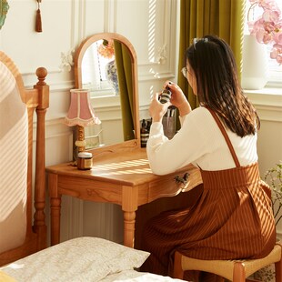 樱桃房间实木梳妆台小户型卧室复古法式 化妆桌 收纳一体柜北欧日式