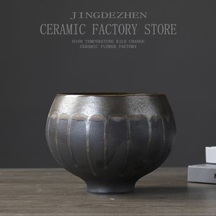 新中式古铜色流釉陶罐花瓶摆件样板间入户玄关黑色陶瓷花插花器